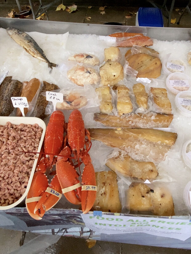 Fresh lobster and fish at Pimlico Road Farmers Market in London