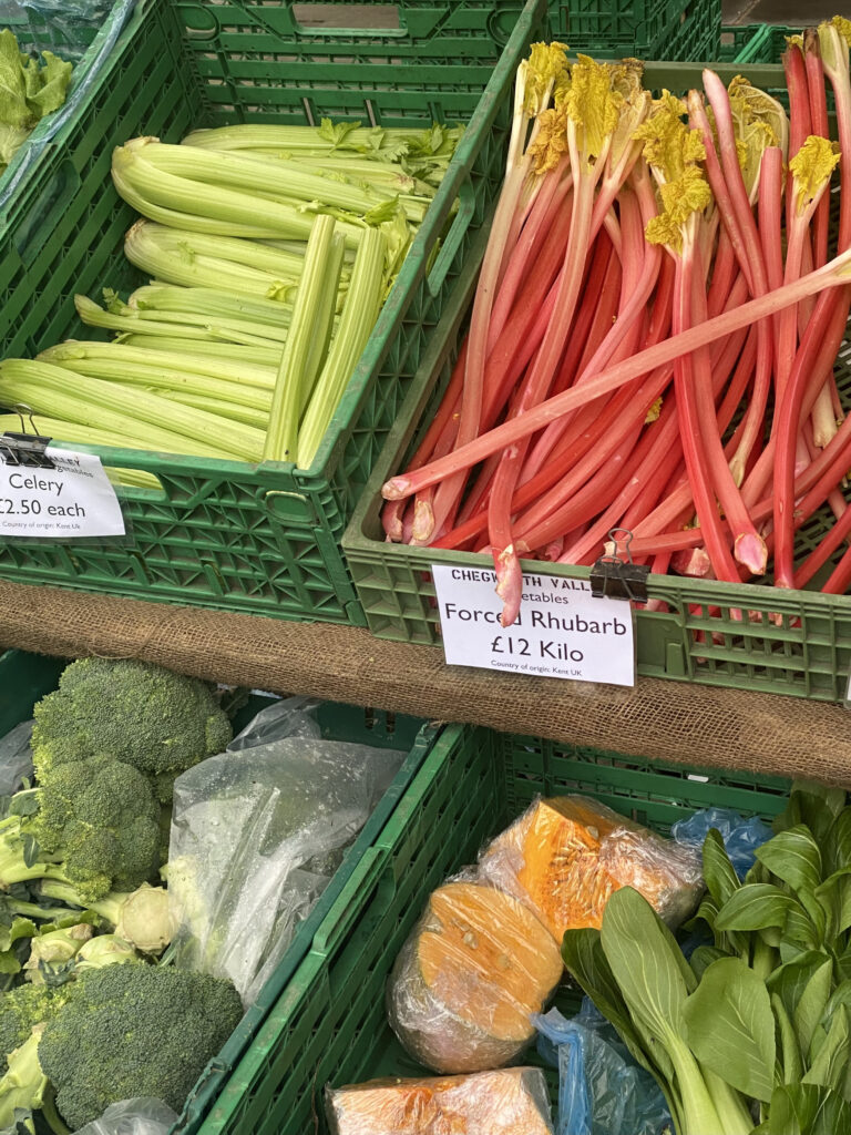 Organic Fruit & Vegetables including Forced English Rhubarb at Pimlico Road Farmers Market from Chegworth Valley Stand